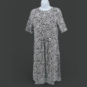 Lands' End Floral Midi Dress Womens Medium Black White Pima Cotton Blend Summer